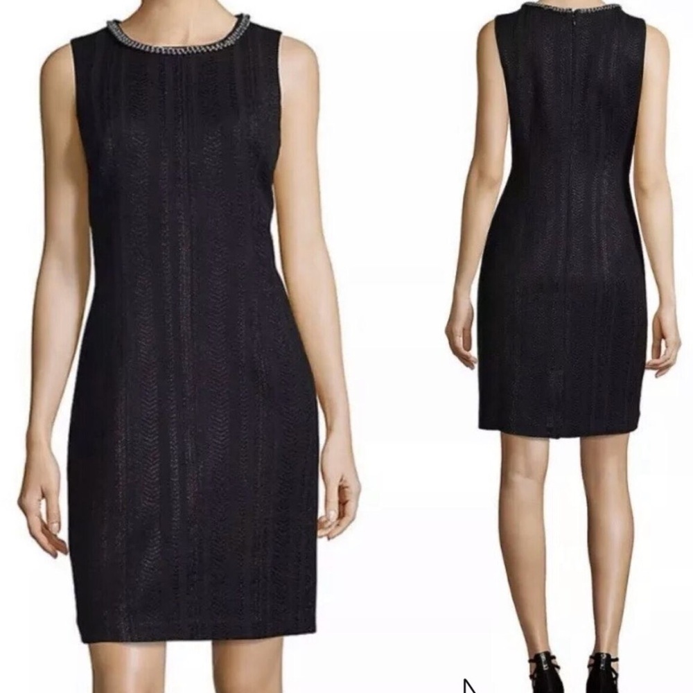 Karl Lagerfeld Dress Black Tweed Sheath Pearl Chain Neck Dress | 6